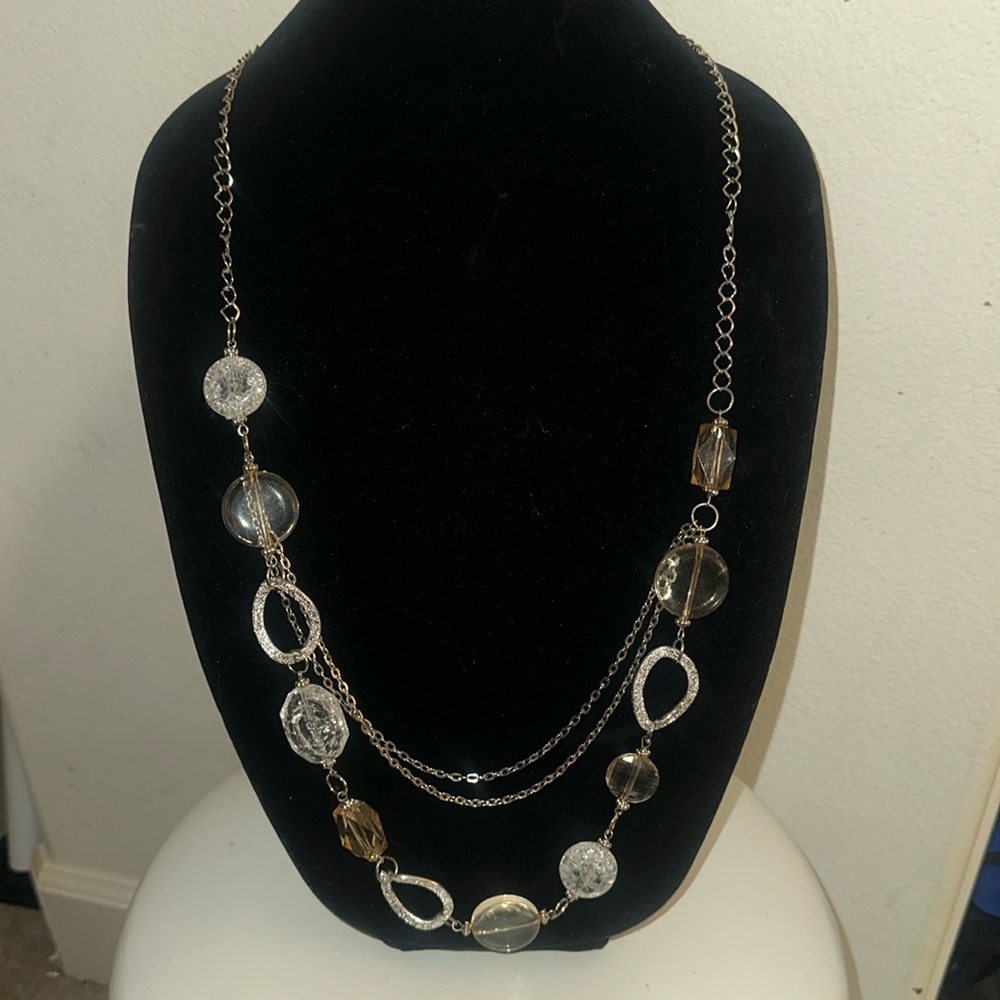 Clear White Plastic and Metal Bead 24" Long Necklace light yellow round bead